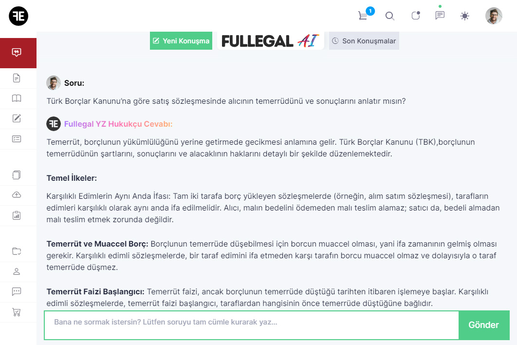 Hukukçu Yapay Zeka sohbet ekranı
